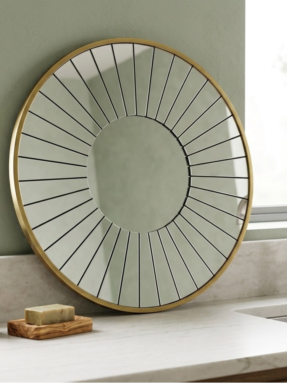 Modern Round Segmented Sunburst Wall Mirror with Gold Tone Frame - Picture 3 of 5